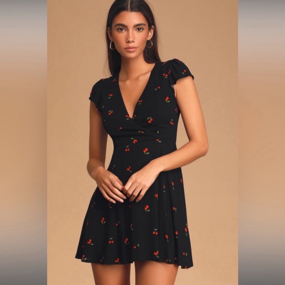 Lulu's Black and Red Mini Dress with Tie Front and Flutter Sleeves